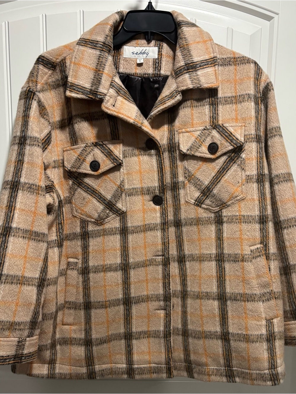 Sebby Beige Tan Plaid Wool-Blend Pea Coat XL